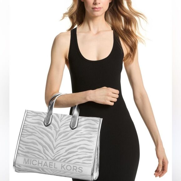 Michael Kors Silver Metallic Gigi Zebra Print Large Grab Tote Bag purse NWT - Picture 5 of 16